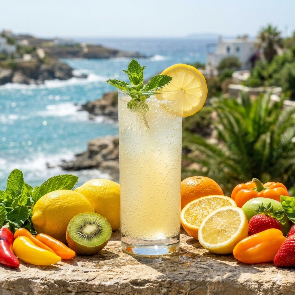 a Fizzing refreshing drink sits surrounded by natural sources of vitamin c in a coastal setting